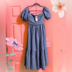 Abercrombie & Fitch Textured Puff Sleeve Blue MIDI Dress